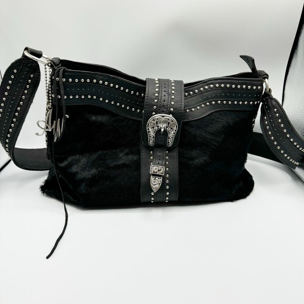 AMERICAN WEST BLACK LEATHER BLACK CALF HAIR Studded SHOULDER HANDBAG CROSSBODY